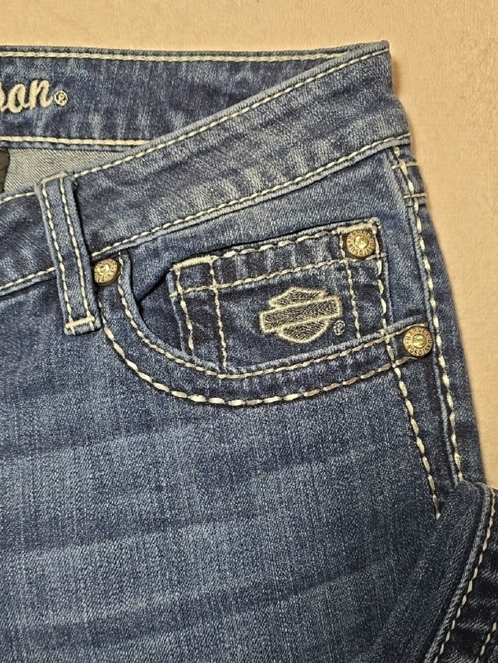 Harley-Davidson Blue Boot Cut Jeans with Wing Embroidery - Picture 4 of 13